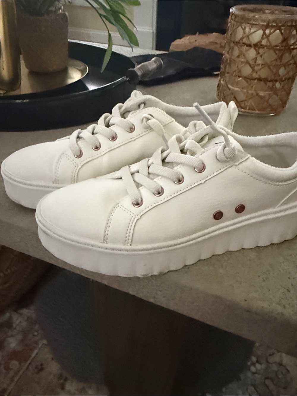Roxy White Platform Lace-Up Sneakers with Rose Gold Eyelets